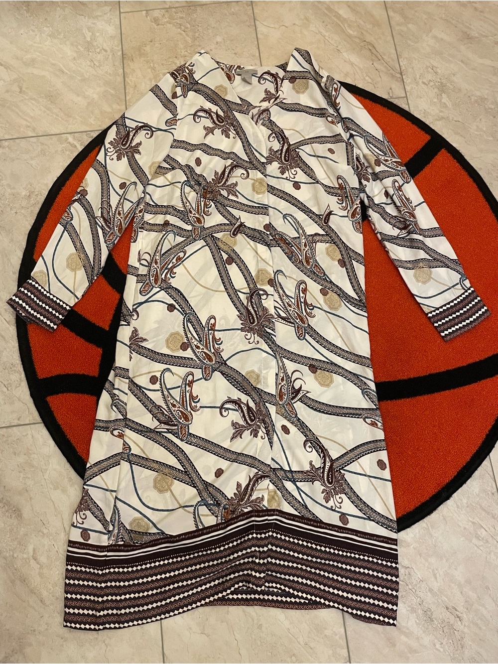 H&M Ivory and Brown Long Sleeve Patterned Dress